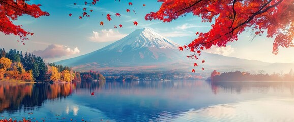 A landscape with a mountain in its central position. The latter is reflected in the pond. A settlement can be seen in the distance, which seems to enjoy the shelter of the mountain. Red-leaved trees a - obrazy, fototapety, plakaty