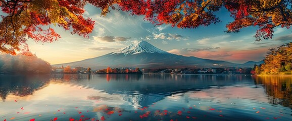 A landscape with a mountain in its central position. The latter is reflected in the pond. A settlement can be seen in the distance, which seems to enjoy the shelter of the mountain. Red-leaved trees a - obrazy, fototapety, plakaty