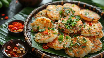 Freshly Prepared Traditional Thai Khanom Krok Coconut Pancakes Served on Vibrant Green Banana Leaf - obrazy, fototapety, plakaty