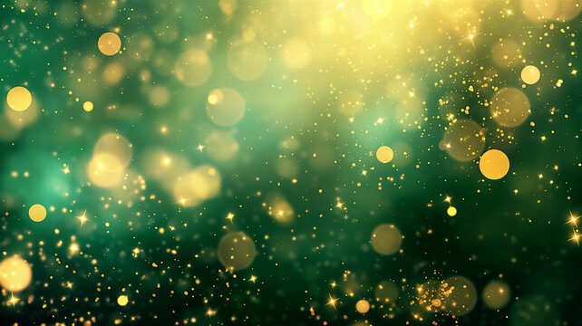 Yellow and gold circles abstract background. Bokeh shining particles on dark green background
