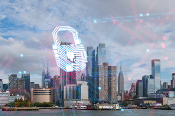 Double exposure of hologram lock security over New York City skyline with skyscrapers and clouds. Futuristic urban technology concept. Double exposure