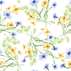 Fototapeta na wymiar Yellow, blue meadow flowers in watercolor seamless pattern isolated on white. Celandine and cornflower in sketch. Medicinal plant, useful floral print hand drawn. Design for home textile, package