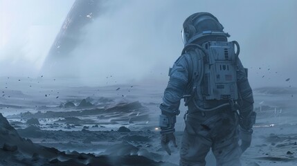 An astronaut with bravery explores the misty planet Mars in a space suit. This adventure involves