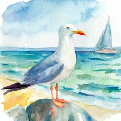 Painted seagull by the sea illustration