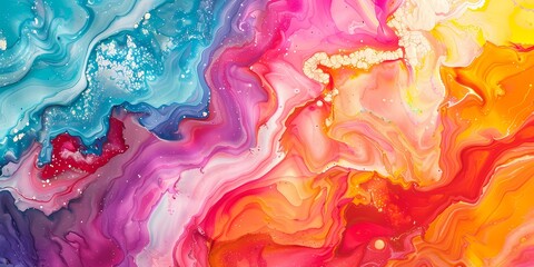 Glittering trails of light dance across the canvas, enhancing the allure of the mesmerizing bright colors in this marble ink symphony.