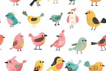 A colorful collection of birds with different colors and patterns