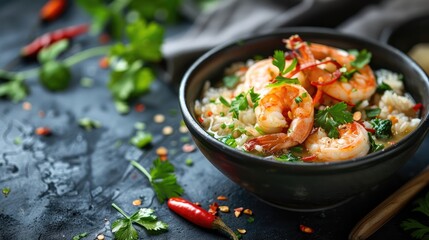 Delectable Thai Fried Rice Porridge with Shrimp and Fresh Vegetables in a Bowl on a Dark Background