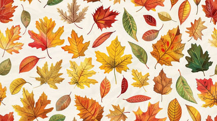 A colorful autumn leaf pattern with many different types of leaves