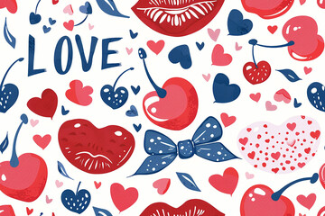 Romantic pattern with lips, hearts, and cherries