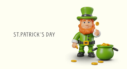 Cute St. Patrick Day poster in cartoon style. Smiling leprechaun is standing next to treasure pot