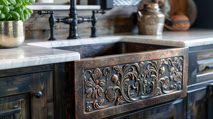 An ornate copper kitchen sink with a faucet.