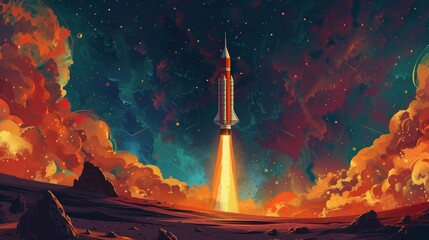 A rocket launches into the night sky, a spaceship embarks on a mission, and a space shuttle lifts - obrazy, fototapety, plakaty