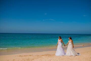 Fototapeta na wymiar mujeres tomadas de la mano usando sus vestidos de bodas y caminando a la orilla del mar 