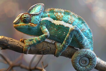 Fototapeta premium A chameleon is perched on a branch, blending into its surroundings with a blurred background