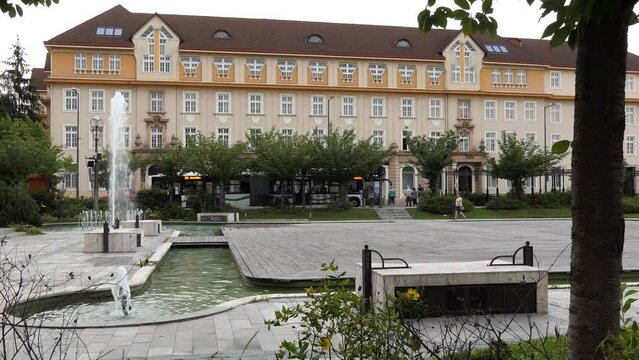 MISKOLC, HUNGARY - JULY 10 2017: Fountain. Heroes Square (Hosok tere) is north from Szechenyi Street and Villanyrendor. Miskolc, Hungary.