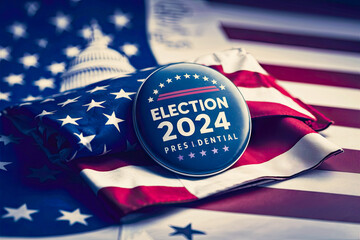 Vote election badge button with text Presidential Election 2024 background, lying at the American flag , vote USA 2024, 3D illustration. - obrazy, fototapety, plakaty