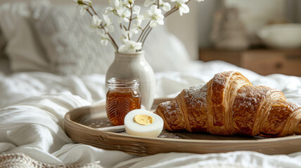 Breakfast tray with croissant on a bed