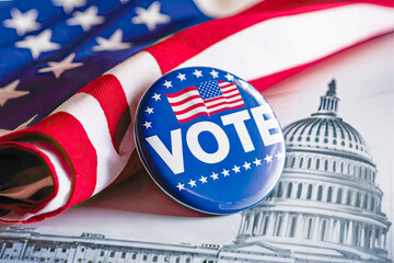 Vote election badge button with text VOTE for 2024 background, the American flag and White House image at the background, vote USA 2024, 3D illustration.