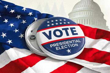 Vote election badge button with text VOTE Presidential Election for 2024 background, lying at the American flag , vote USA 2024, 3D illustration. - obrazy, fototapety, plakaty