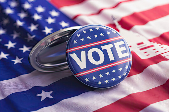 Vote election badge button with text VOTE Presidential Election for 2024 background, lying at the American flag , vote USA 2024, 3D illustration.