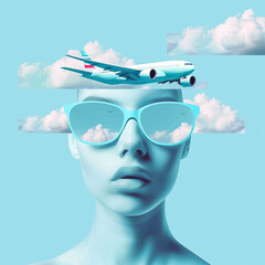 Conceptual image of a woman in sunglasses and a plane.
