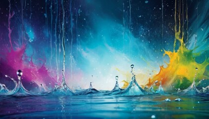 A striking abstract of colorful paint splashes dancing on a water-like surface, creating a captivating display of fluid artistry.. AI Generation