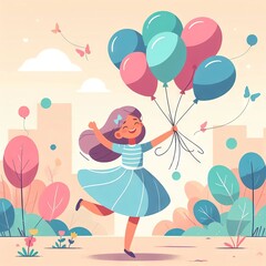 Happy bright girl with balloons dances on the street. Concept of daily joys. Optimism Flat style

