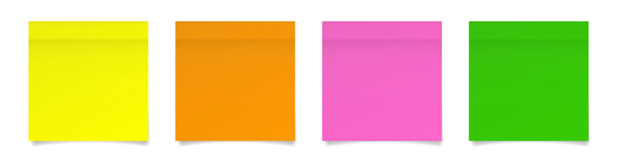Set of square paper stickers. Stick in notes. Yellow, orange, pink and green neon colors. Multicolor post it notes. Sheets of paper. Tag, sticky note