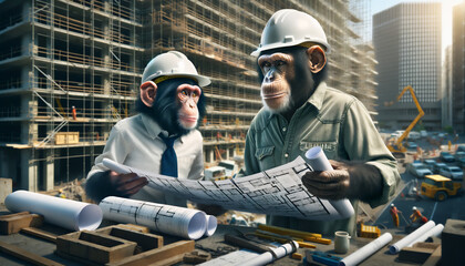 建設現場で図面を見ながら打合せをするチンパンジー - obrazy, fototapety, plakaty