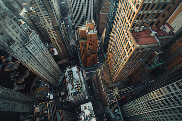 Bustling cityscape featuring tall buildings, captured from a captivating top-down perspective, showcasing urban vibrancy and architectural grandeur - obrazy, fototapety, plakaty