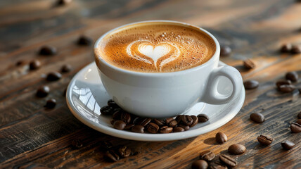 A coffee cup with heart-shaped latte art on a wooden surface with coffee beans.