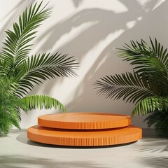 Obraz premium Podium mockup, product display platform, tropical plant leaves background, light and shadow, 3D