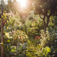 Lush Vegetable Garden with Gardening Person