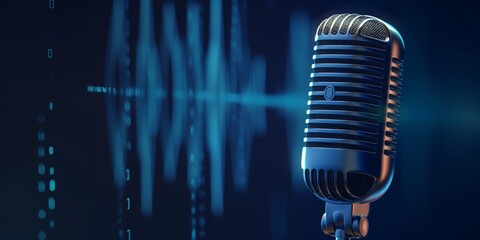 Microphone with waveform on blue background, broadcasting or podcasting banner, 