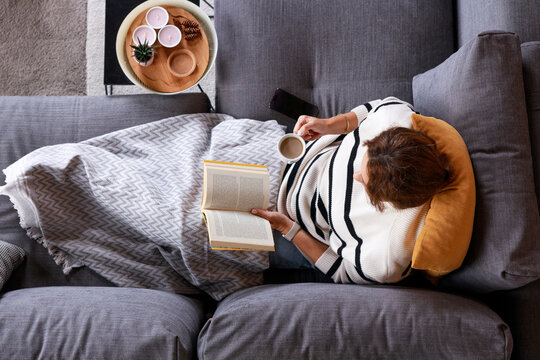 High angle shot of a young woman reading a book on the sofa at home