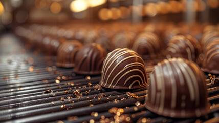 Chocolate truffles on a production line. - obrazy, fototapety, plakaty