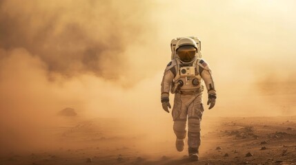 A brave astronaut in a space suit bravely explores the mist-covered red planet Mars, highlighting