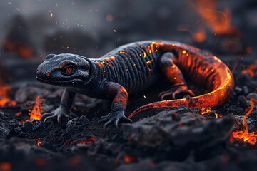 Lizard perched on rock beside a flickering fire, basking in the warmth
