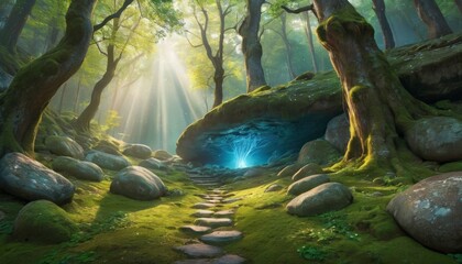 A mystical glowing object illuminates a lush forest pathway leading to an ethereal cave, with sunlight streaming through verdant trees. AI Generation