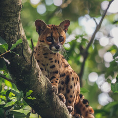 Alert Genet Cat Perched on Tree Branch