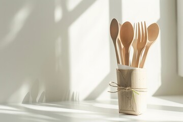 Eco-friendly bamboo kitchen utensils in a biodegradable container with natural light