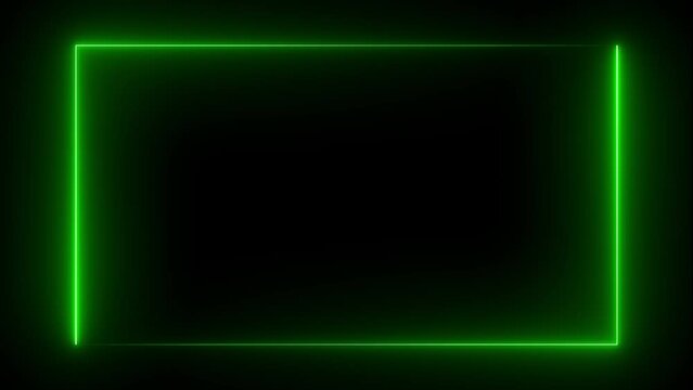 Neon glowing square frame on black background. Rectangular frame with moving line.