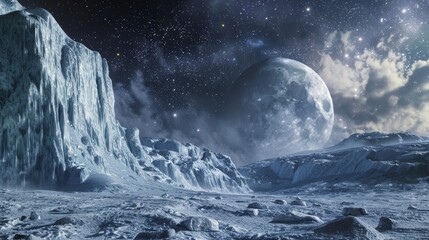 Embark on a virtual discovery of Ganymedes ice-covered wonders and starlit skies