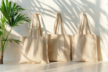 Eco-friendly canvas tote bags with natural light and plant shadows