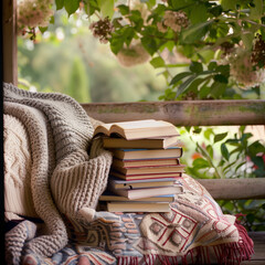 Inviting Garden Bench with Stack of Books"