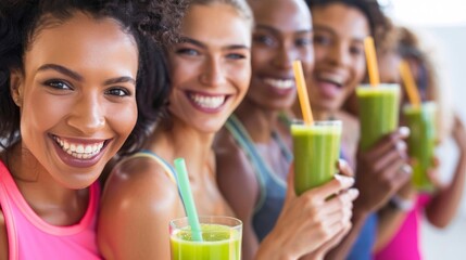 Diverse group enjoying healthy green smoothies together - Powered by Adobe