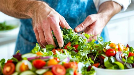 Obraz na płótnie Canvas Man preparing a fresh organic salad sprinkling herbs for a healthy meal