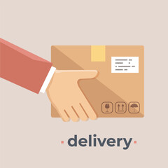 Delivery concept. Hand holding package. Flat style