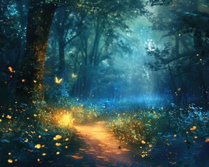 In this mystical digital art piece, a serene path winds through a dark forest, its beauty enhanced by the enchanting glow of fireflies.