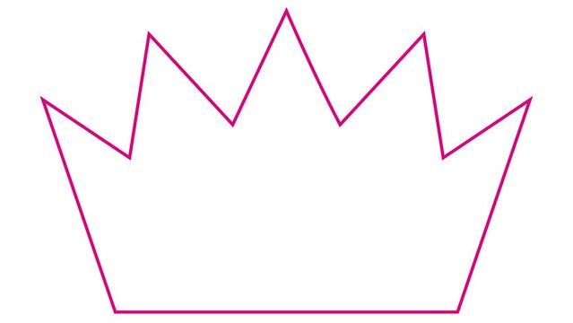 Animated magenta linear symbol of crown is gradually drawn. Concept of royal, premium, luxury, imperial. Looped video. Vector pink illustration isolated on white background.